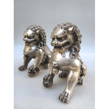 Fu dogs pair in silvered bronze (XL)