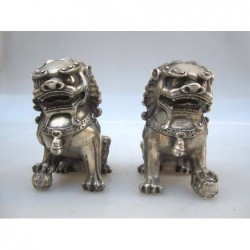 Fu lions pair in silvered bronze (S)